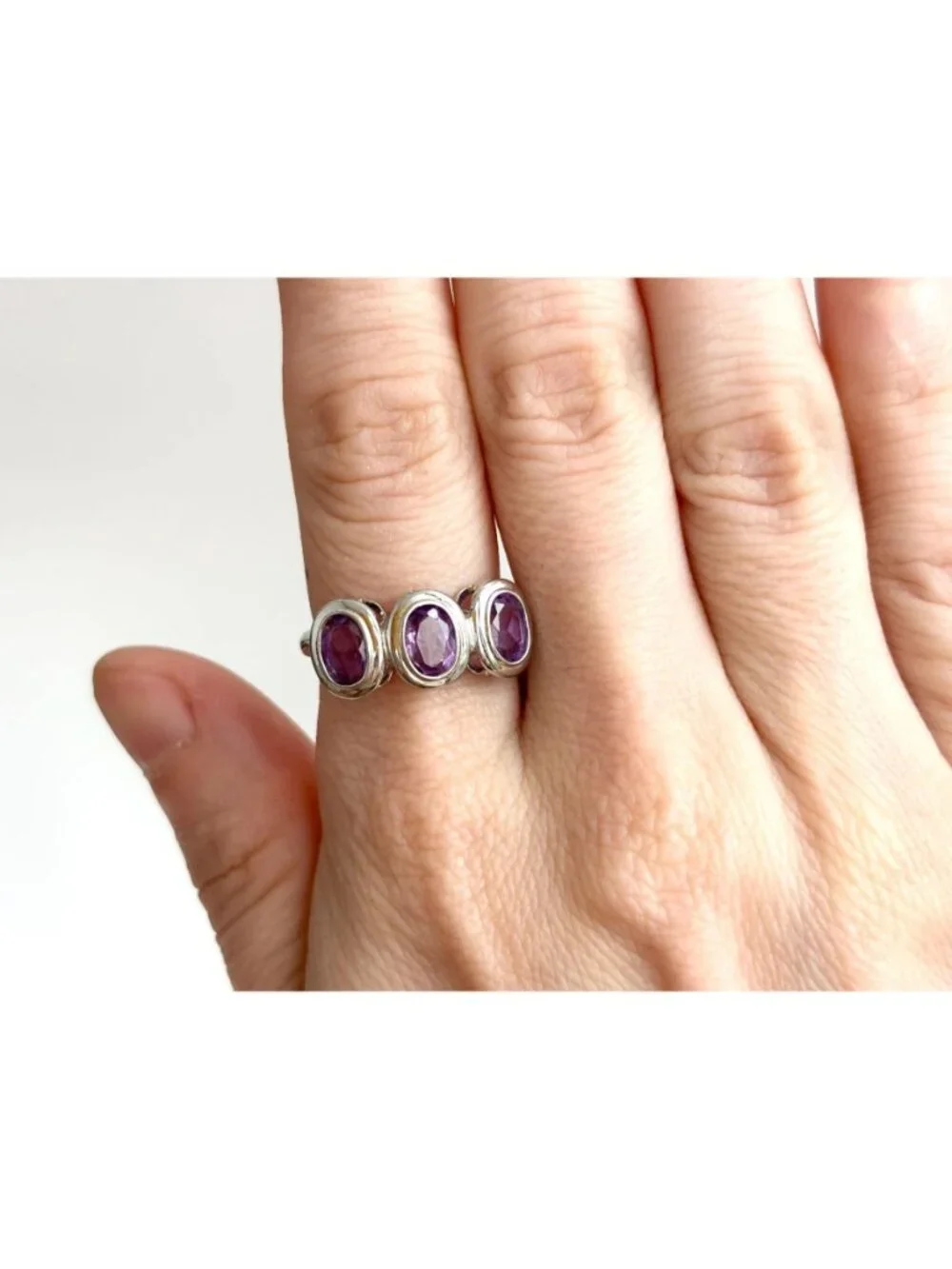 Triple Amethyst Gemstone Minimalist Sterling Silver 925 Vintage Ring - sz 8